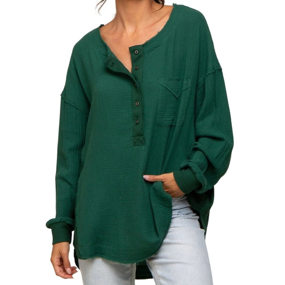 Bluivy Tunic Shirt Size Medium/Large Gauze Long Sleeve Waffle Knit Frayed Trim